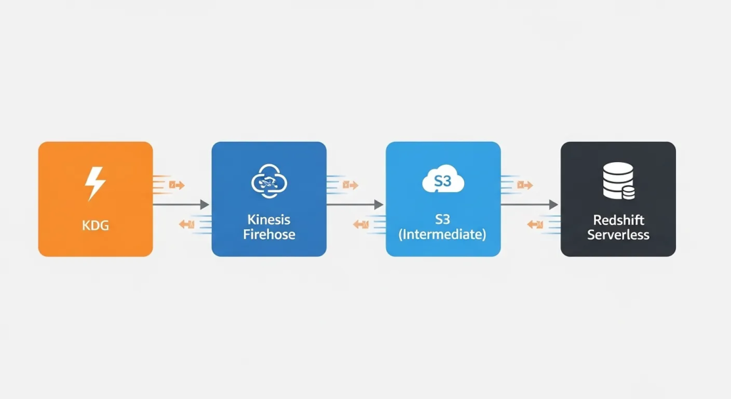 a diagram here showing the flow: KDG -> Kinesis Firehose -> S3 (Intermediate) -> Redshift Serverless