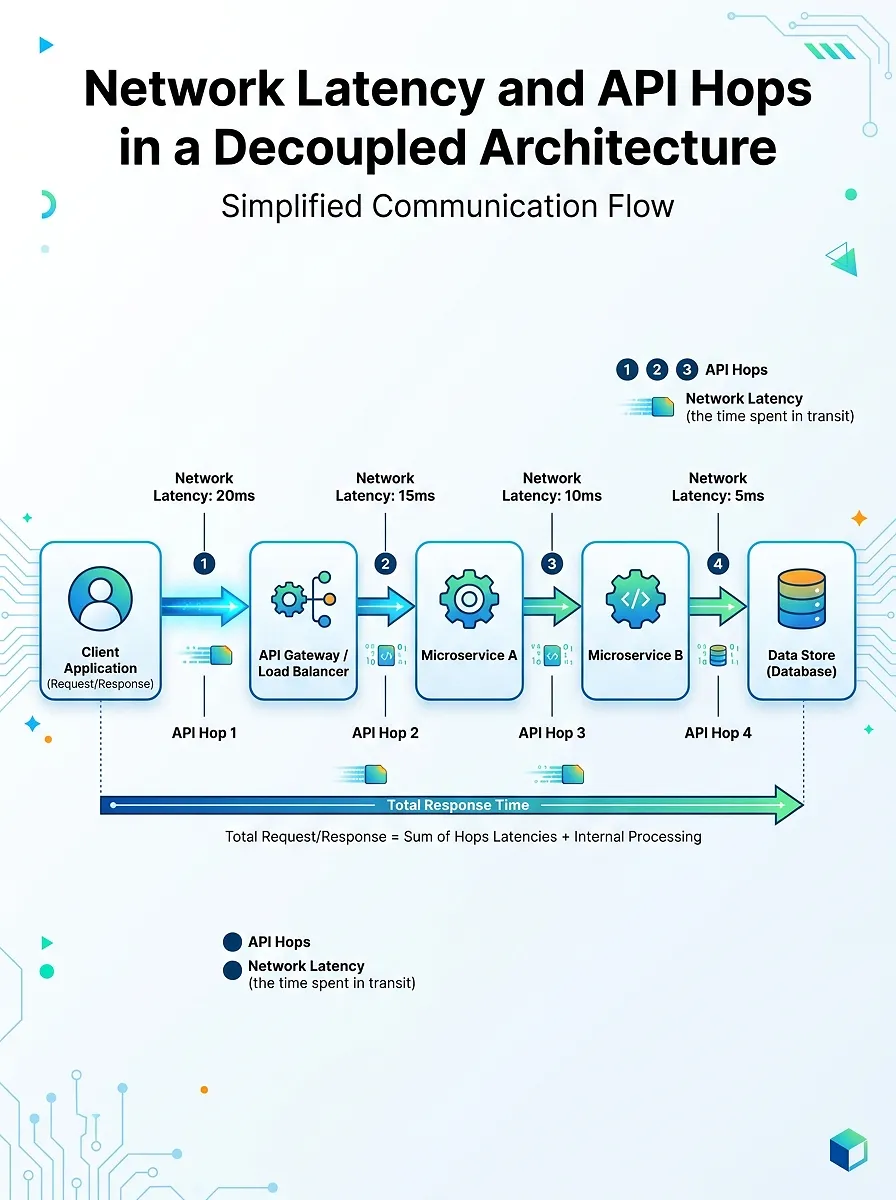 Diagram showing network latency and API hops in a decoupled architecture
