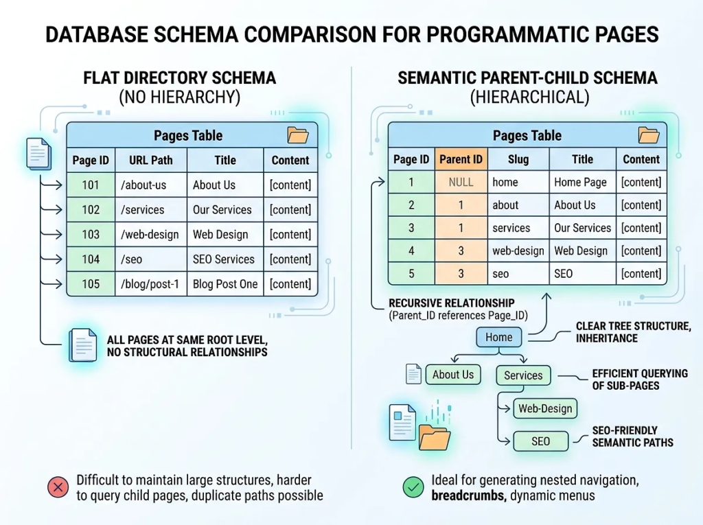 Flat directory versus semantic parent child directory database schema for programmatic pages diagram
