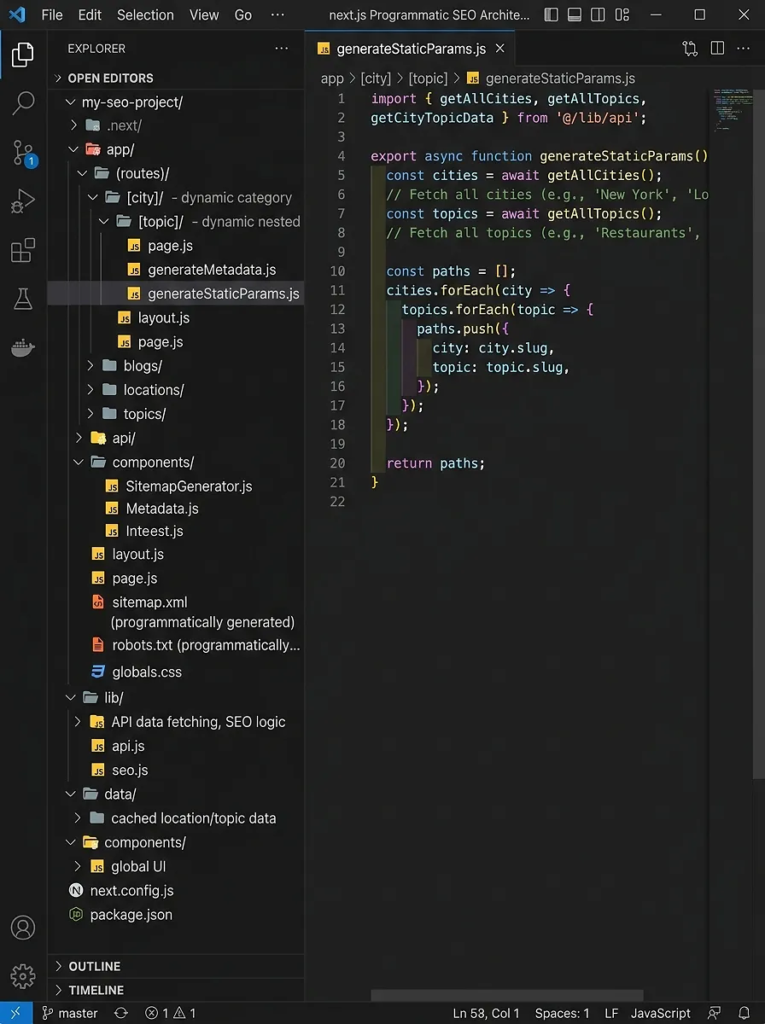 NextJS programmatic SEO architecture folder structure in VS Code showing nested app directory