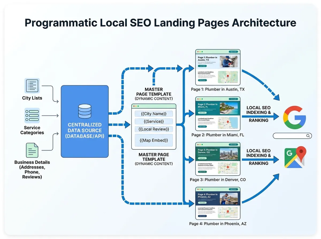 Programmatic local SEO landing pages deployment pipeline architecture diagram
